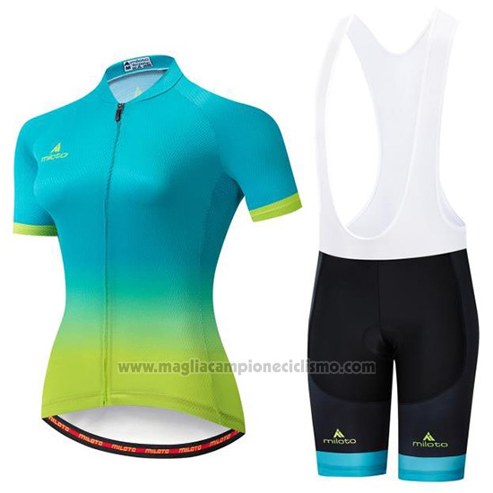 2019 Abbigliamento Ciclismo Donne Miloto Blu Verde Manica Corta e Salopette