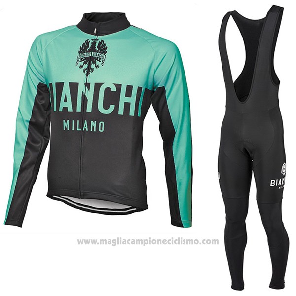 2017 Abbigliamento Ciclismo Bianchi Milano Ml Verde e Nero Manica Lunga e Salopette