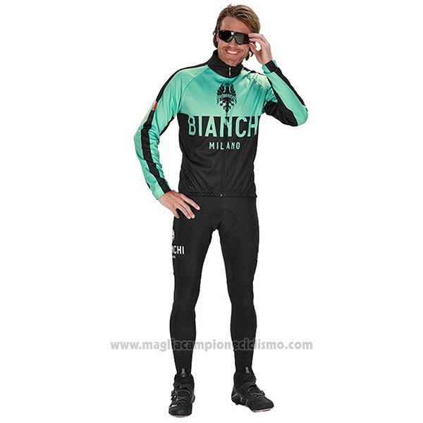 2017 Abbigliamento Ciclismo Bianchi Milano Ml Verde e Nero Manica Lunga e Salopette