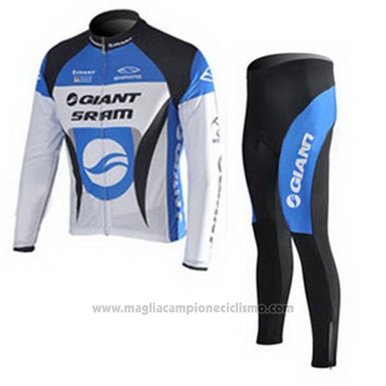 2010 Abbigliamento Ciclismo Giant Bianco e Celeste Manica Lunga e Salopette