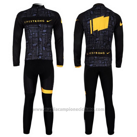 2012 Abbigliamento Ciclismo Livestrong Nero e Giallo Manica Lunga e Salopette