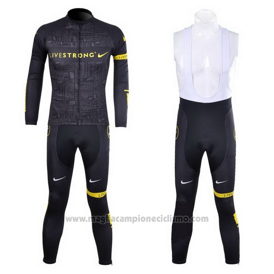 2012 Abbigliamento Ciclismo Livestrong Nero e Giallo Manica Lunga e Salopette