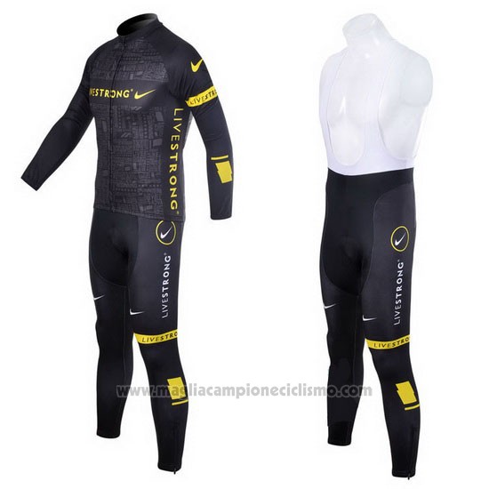 2012 Abbigliamento Ciclismo Livestrong Nero e Giallo Manica Lunga e Salopette