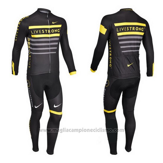 2013 Abbigliamento Ciclismo Livestrong Nero e Giallo Manica Lunga e Salopette