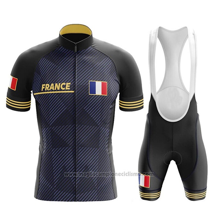 2020 Abbigliamento Ciclismo Campione Francia Scuro Blu Giallo Manica Corta e Salopette