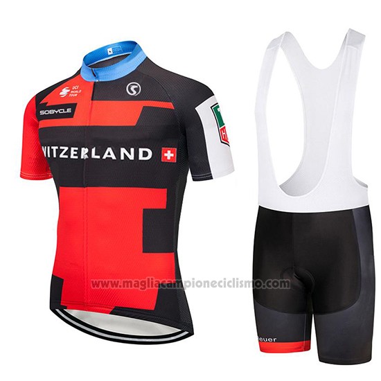 2019 Abbigliamento Ciclismo Svizzera Rosso Nero Manica Corta e Salopette