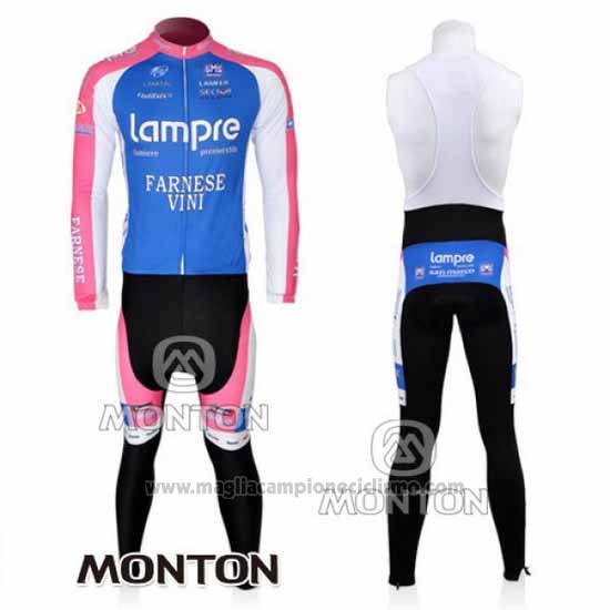 2010 Abbigliamento Ciclismo Lampre Farnese Vini Rosa e Azzurro Manica Lunga e Salopette