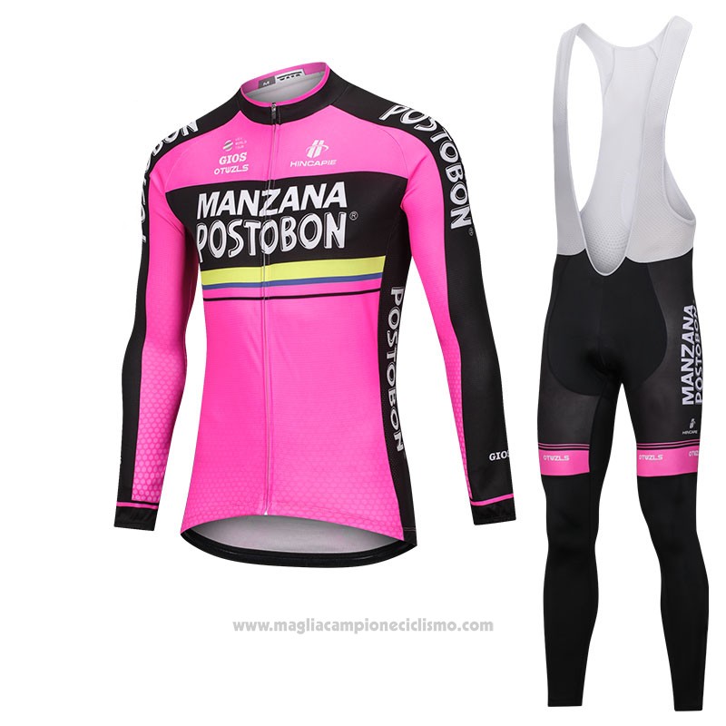 2018 Abbigliamento Ciclismo Manzana Postobon Rosa Manica Lunga e Salopette
