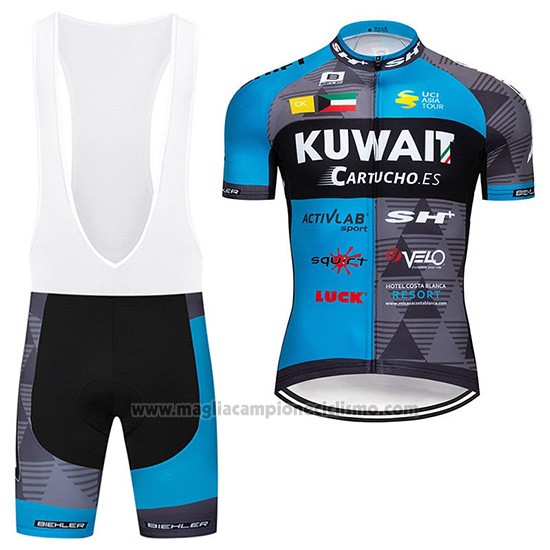 2019 Abbigliamento Ciclismo Kuwait Blu Grigio Manica Corta e Salopette
