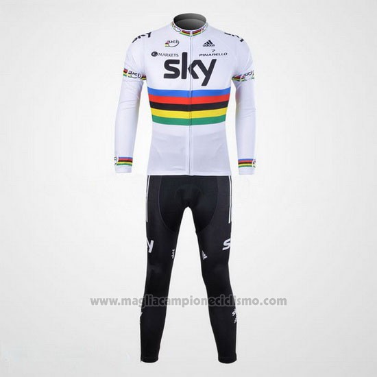 2012 Abbigliamento Ciclismo Sky UCI Mondo Campione Nero e Bianco Manica Lunga e Salopette