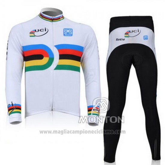 2010 Abbigliamento Ciclismo Santini UCI World Champion Lider Bianco Manica Lunga e Salopette